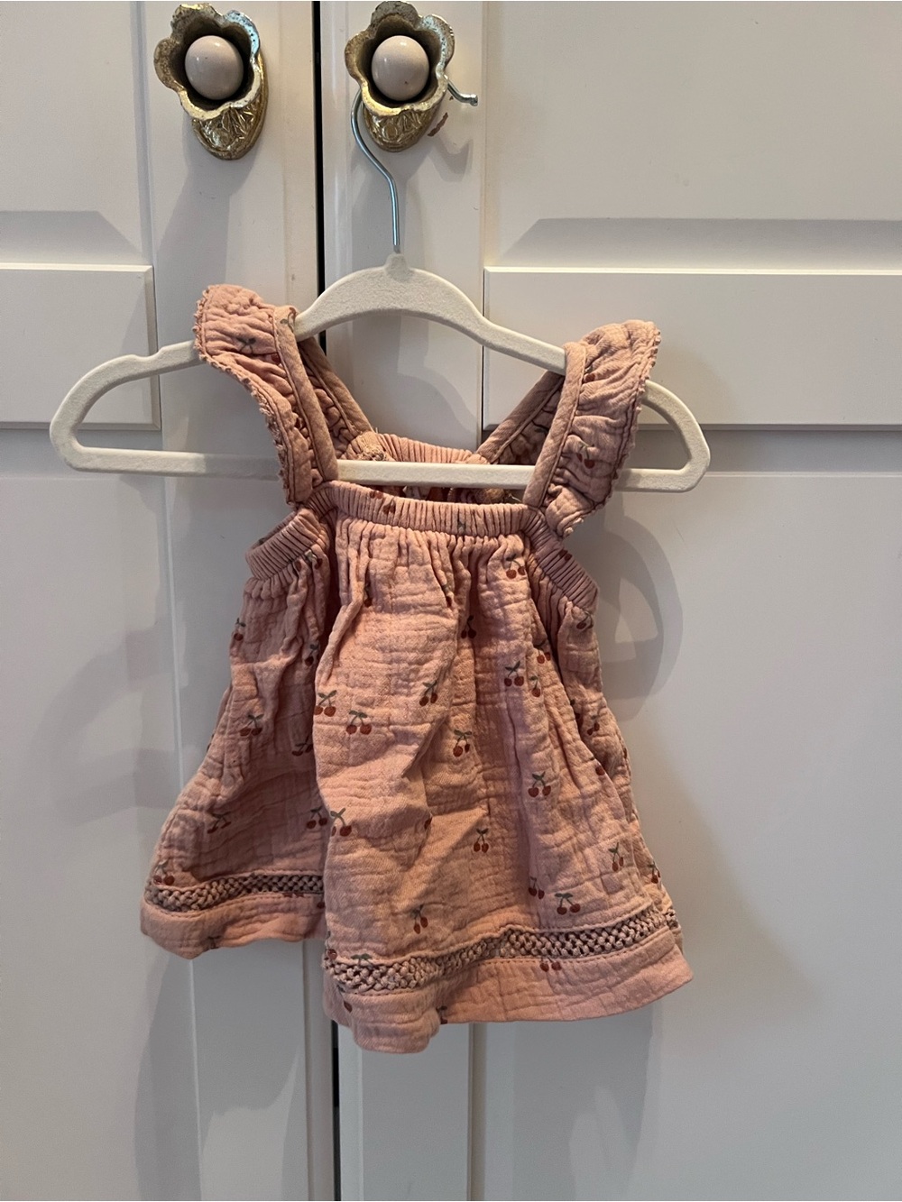 Quincy Mae Dusty Pink Cherry-Print Muslin Sundress sz 0-3 mo
